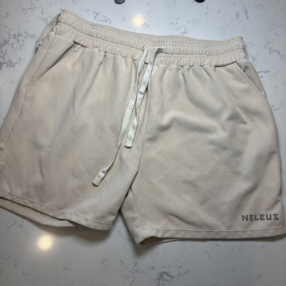 Neleus Shorts‎ Mens LG Beige Athletic Waffle Knit Pockets Elastic Waist Comfort